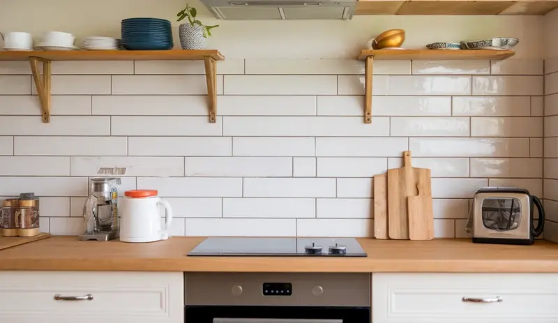 Modern kitchen with white subway tile backsplash