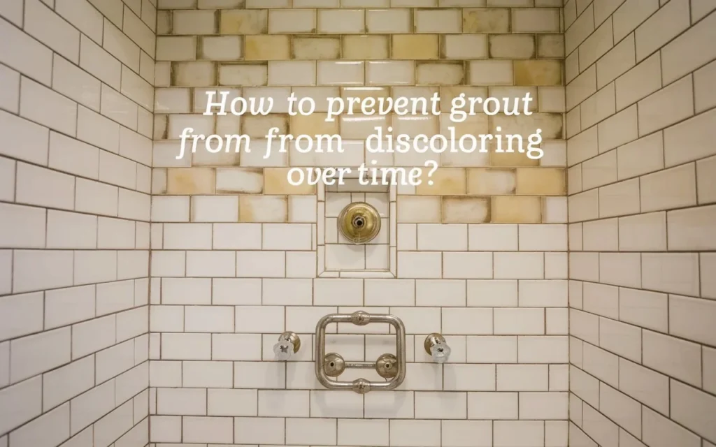 White subway shower tiles with discolored grout and bathroom fixtures.