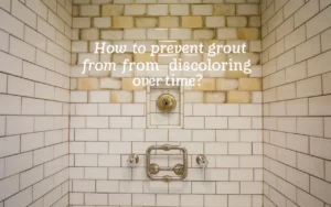 White subway shower tiles with discolored grout and bathroom fixtures.