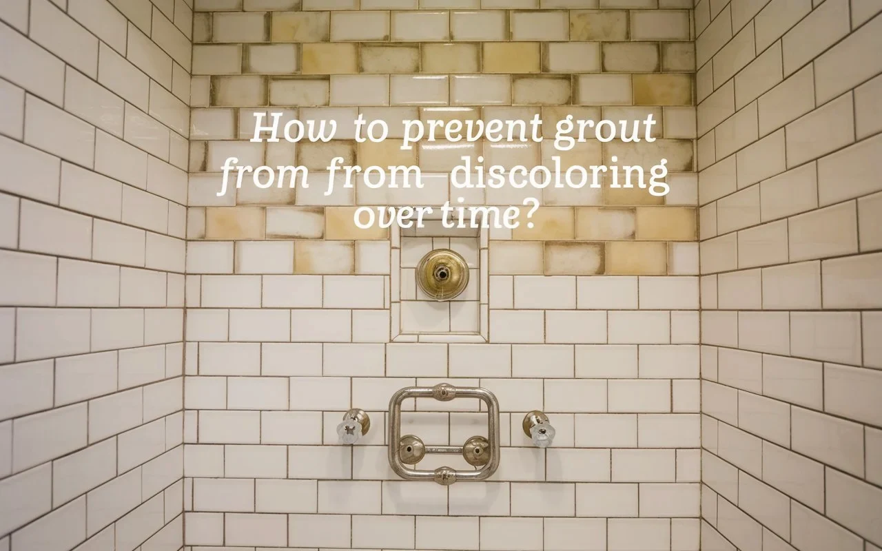 White subway shower tiles with discolored grout and bathroom fixtures.