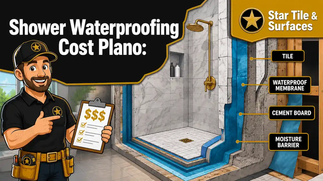 Shower waterproofing installation with tile shower, moisture barrier, and waterproof membrane layers