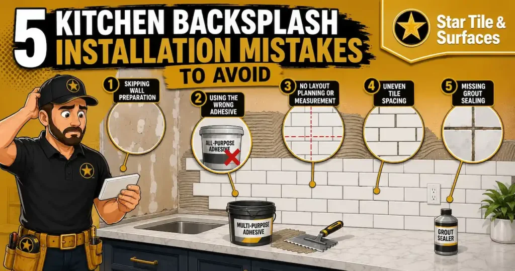 Kitchen backsplash installation guide showing tile layout, adhesive use, spacing, and grout sealing mistakes