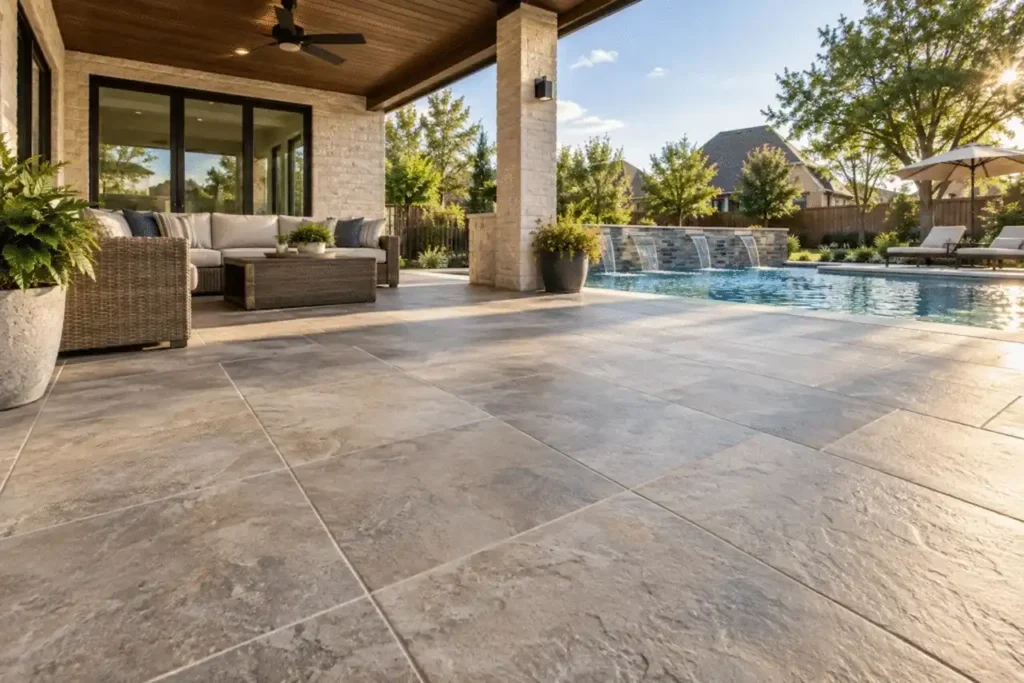 Outdoor patio with large format tile flooring beside a modern pool area