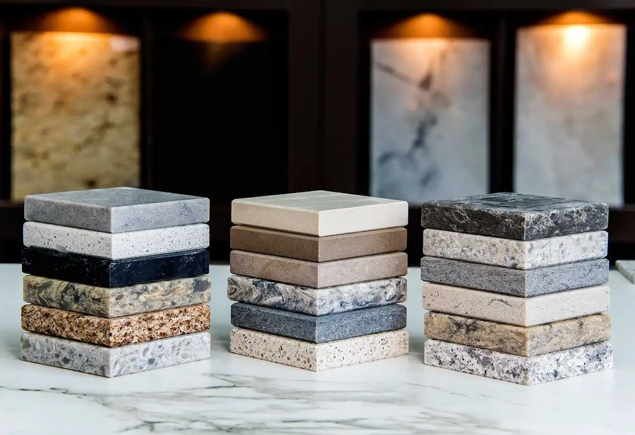 Stacked samples of different tile materials showing various colors, textures, and surface finishes